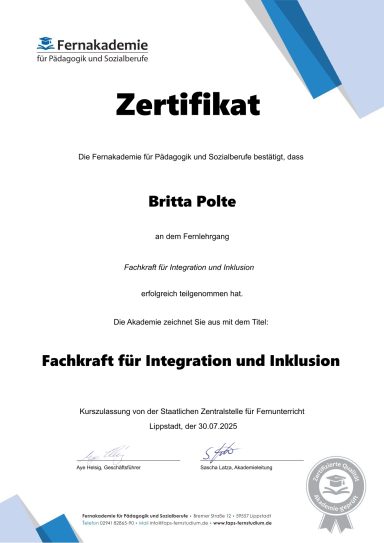 Zertifikat für Fachkraft für Integration und Inklusion von der Fernakademie.