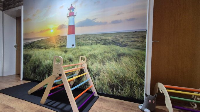 Ein Spielgerät mit bunten Streben vor einem Wandbild eines Leuchtturms in der Natur.